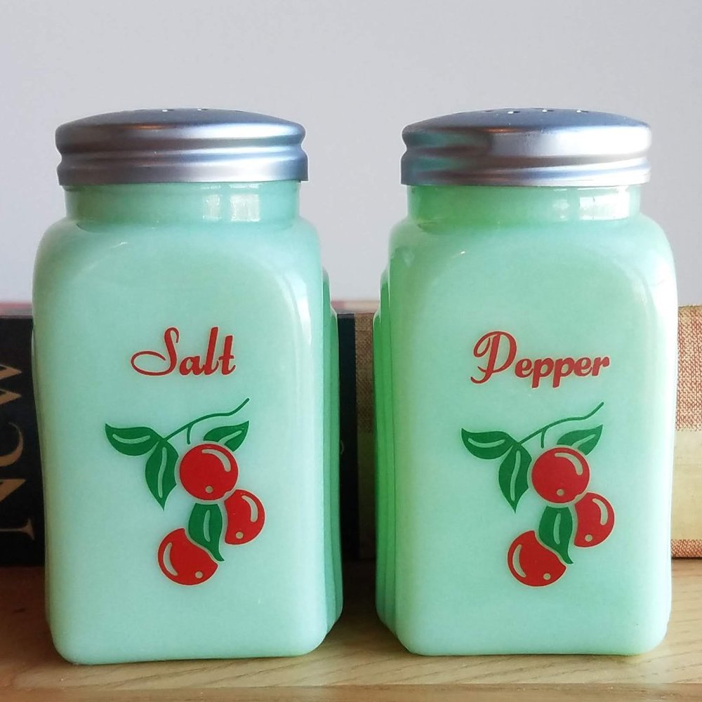 Jadeite "Cherry" Salt + Pepper Shakers